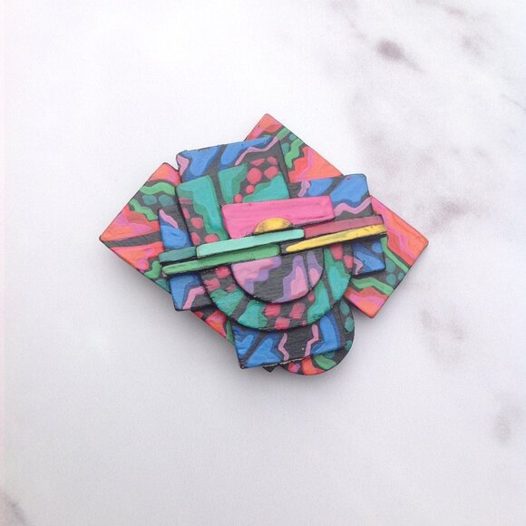 Memphis Milano BROOCH 1980s Style Artisan Handcrafted - Picture 3 of 10